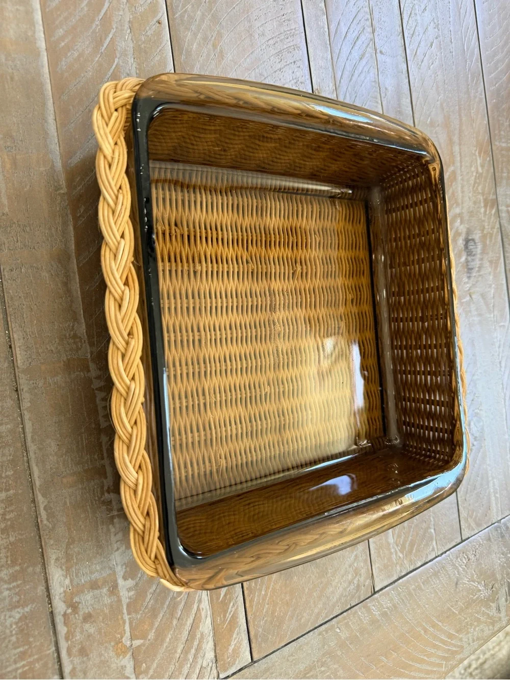 PYREX Fireside Square Amber Glass Casserole Dish with woven Basket Vintage